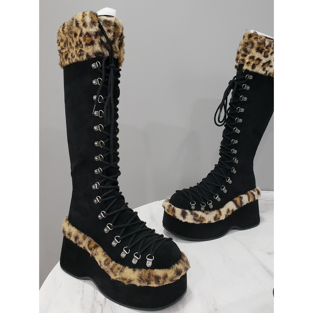 SZ 9 Current Mood Dolls Kill Leopard Faux Fur Platform Boots Tall Glam Mob Boss